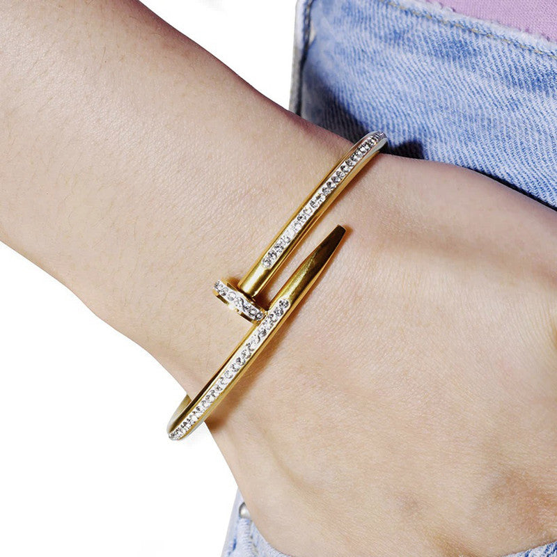 Stainless Steel Gold Plated Anti Tarnish AD Studded Nail Bracelet for Women