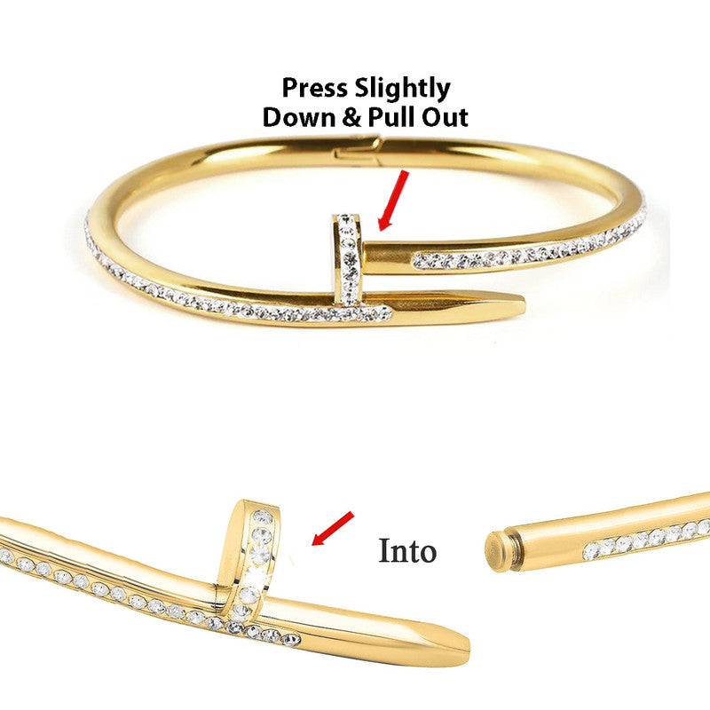Stainless Steel Gold Plated Anti Tarnish AD Studded Nail Bracelet for Women