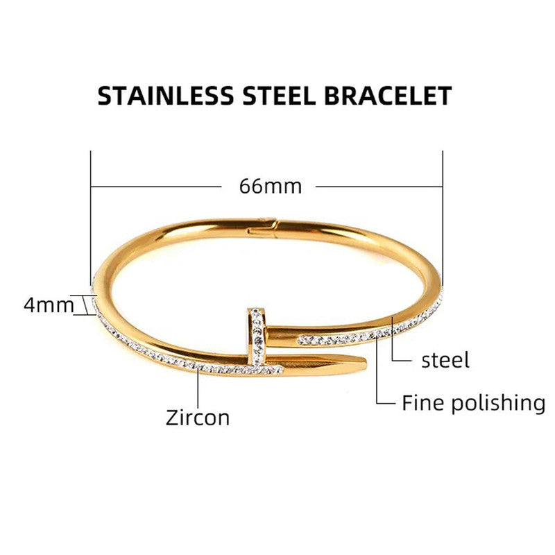 Stainless Steel Gold Plated Anti Tarnish AD Studded Nail Bracelet for Women