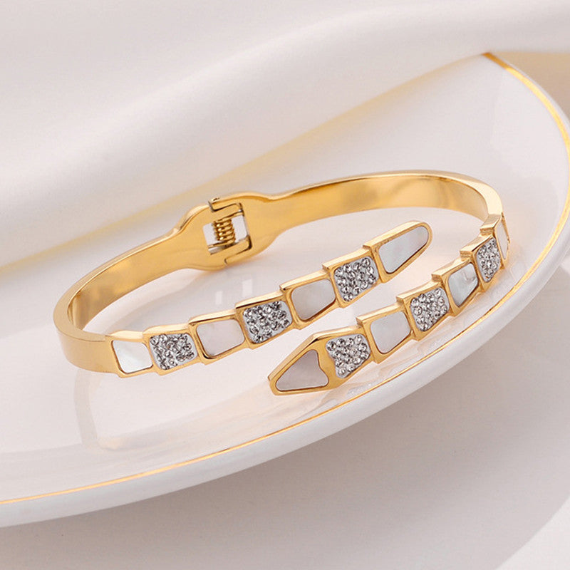 Gold Plated Mother of Pearl Snake Styled AD Studded Anti-Tarnish Bracelet for Women