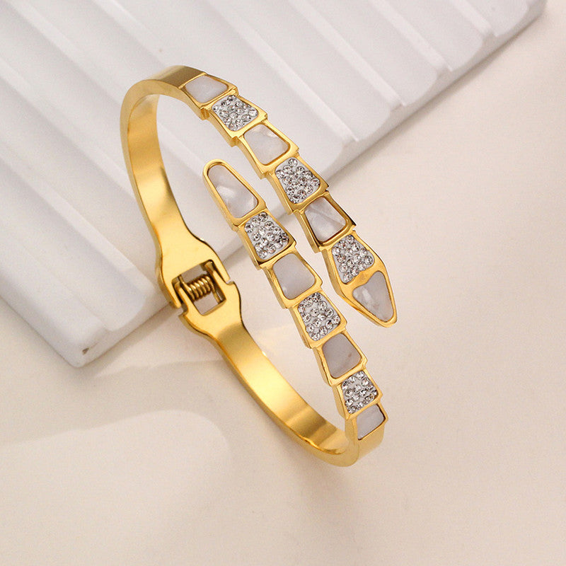 Gold Plated Mother of Pearl Snake Styled AD Studded Anti-Tarnish Bracelet for Women