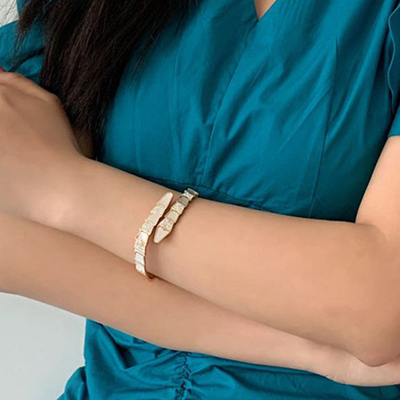 Gold Plated Mother of Pearl Snake Styled AD Studded Anti-Tarnish Bracelet for Women