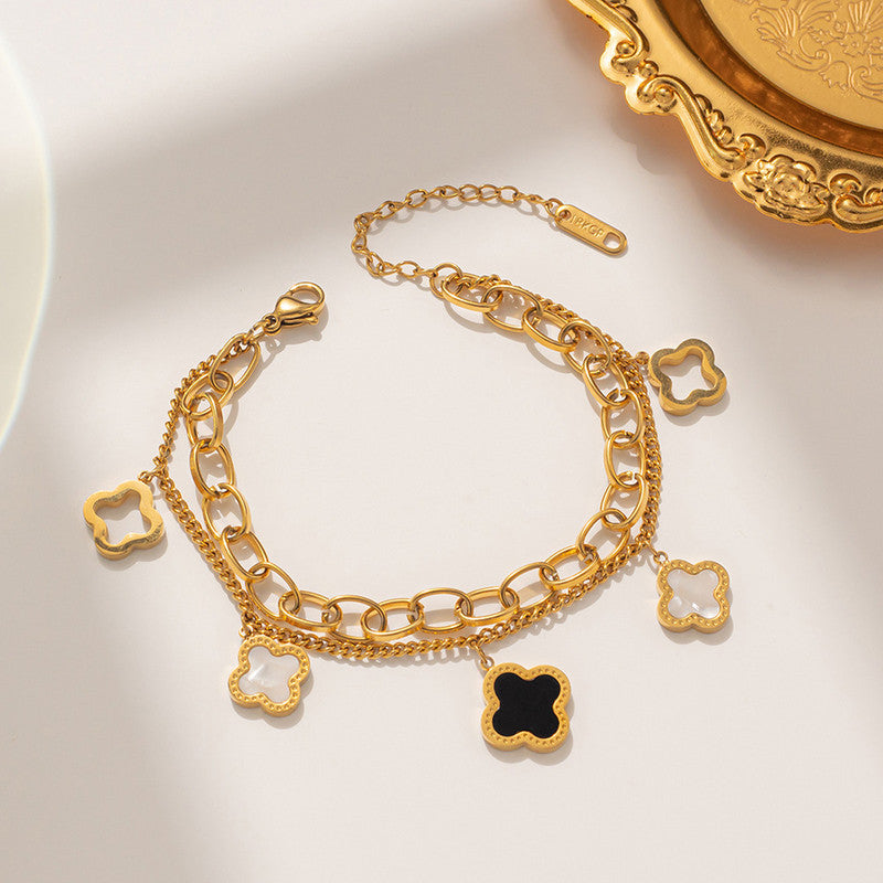 Stainless Steel Gold-Plated Mother of Pearl Clover Anti-Tarnish Bracelet for Women