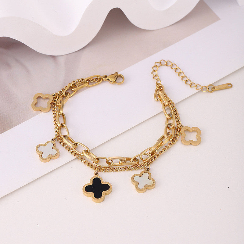 Stainless Steel Gold-Plated Mother of Pearl Clover Anti-Tarnish Bracelet for Women