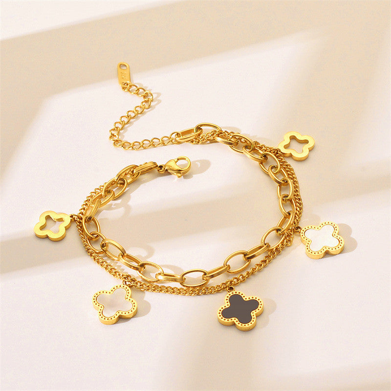 Stainless Steel Gold-Plated Mother of Pearl Clover Anti-Tarnish Bracelet for Women