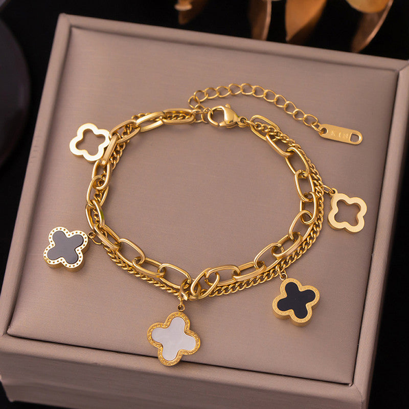 Stainless Steel Gold-Plated Mother of Pearl Clover Anti-Tarnish Bracelet for Women
