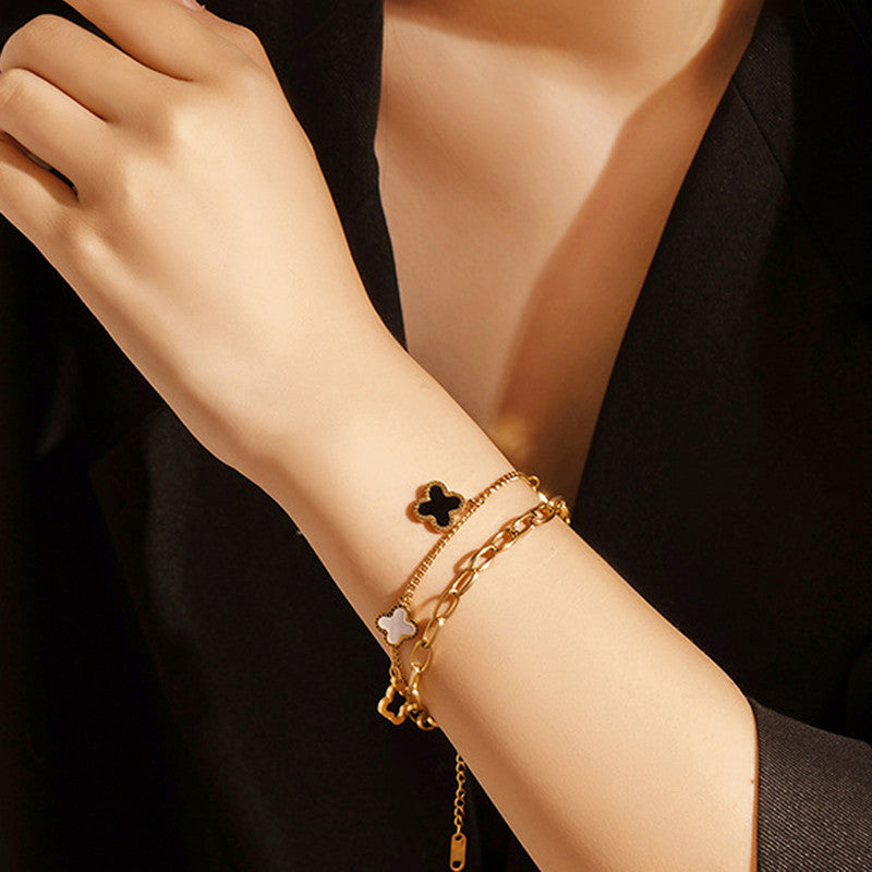 Stainless Steel Gold-Plated Mother of Pearl Clover Anti-Tarnish Bracelet for Women
