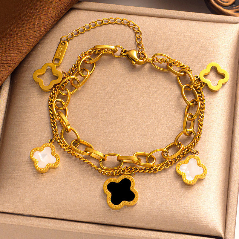 Stainless Steel Gold-Plated Mother of Pearl Clover Anti-Tarnish Bracelet for Women