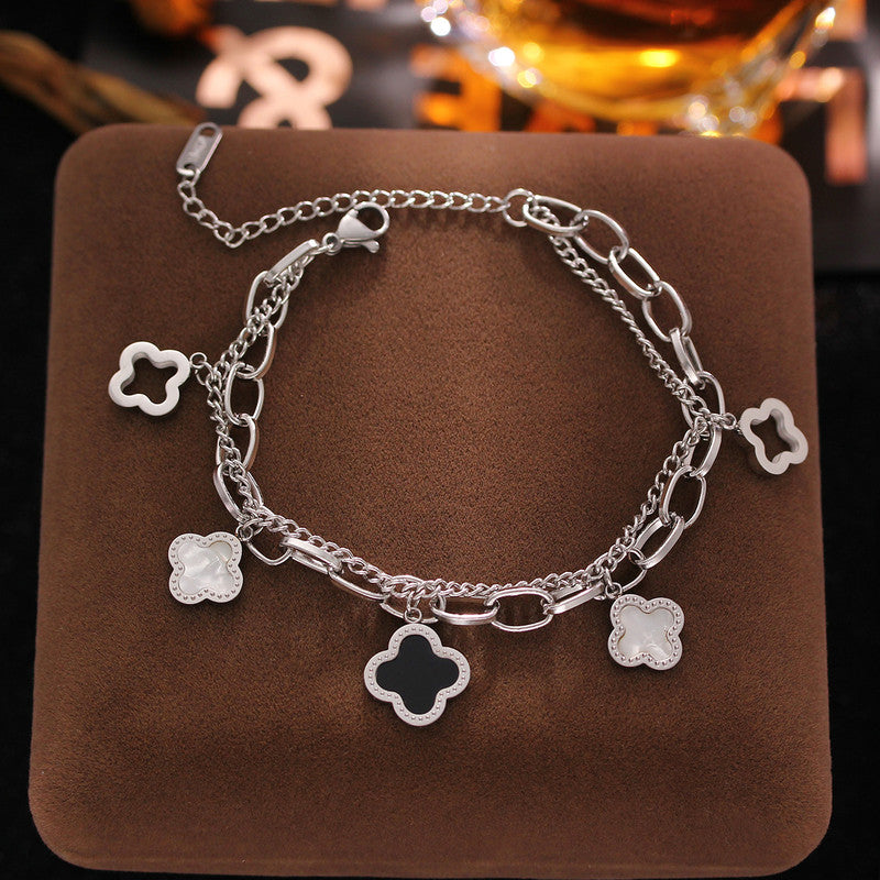 Stainless Steel Gold-Plated Mother of Pearl Clover Anti-Tarnish Bracelet for Women