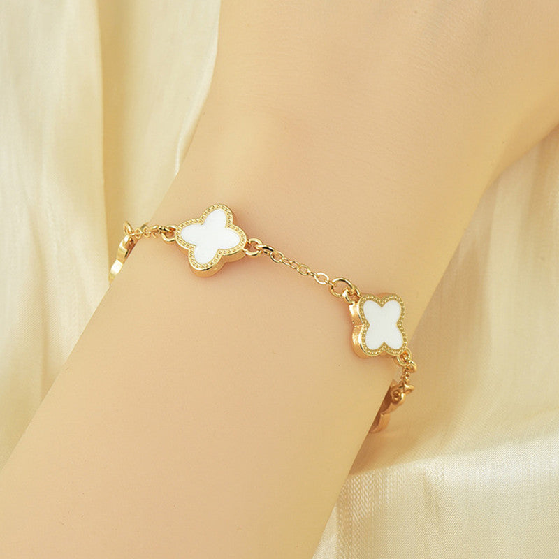 Gold-Plated White Clover Mother of Pearl Link Bracelet for Women