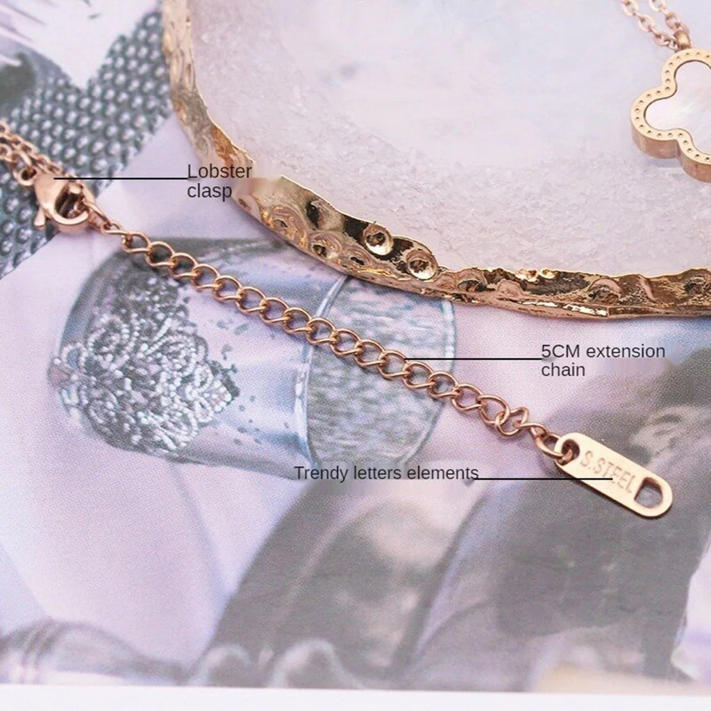 Clover Flower Pendant Chain in White Rose Gold Plated Stainless Steel for Women