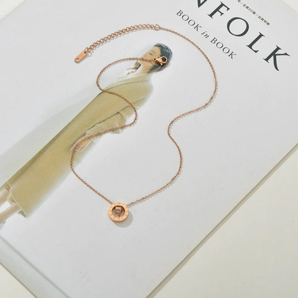 Elegant Roman Ring Rose Gold Stainless Steel Necklace Pendant Chain for Women