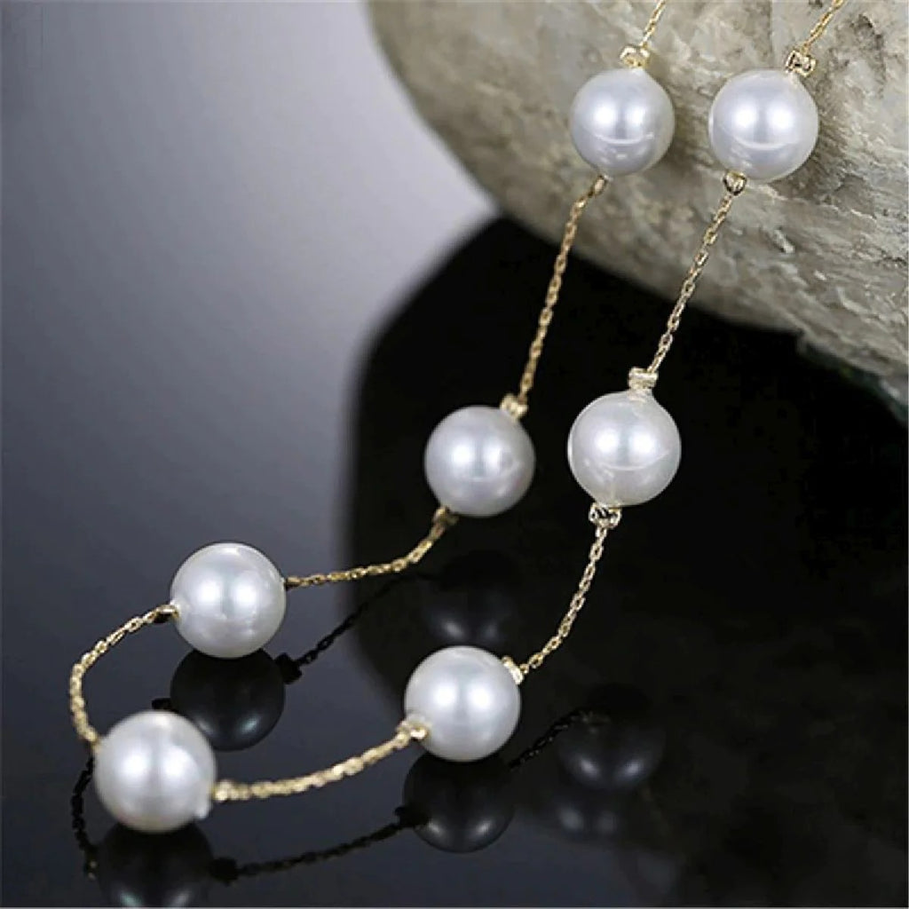 Elegant Round Pearl Gold Choker Stainless Steel Necklace Chain For Women