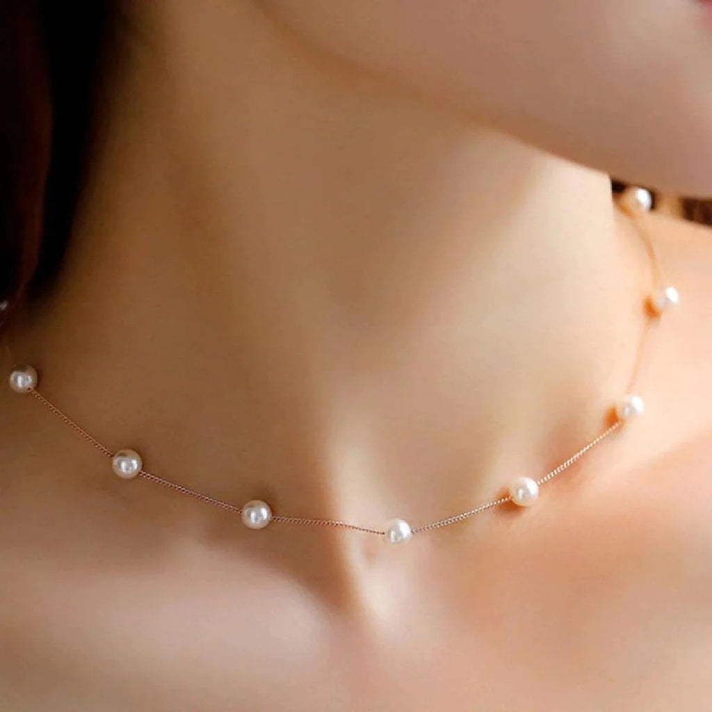 Elegant Round Pearl Gold Choker Stainless Steel Necklace Chain For Women