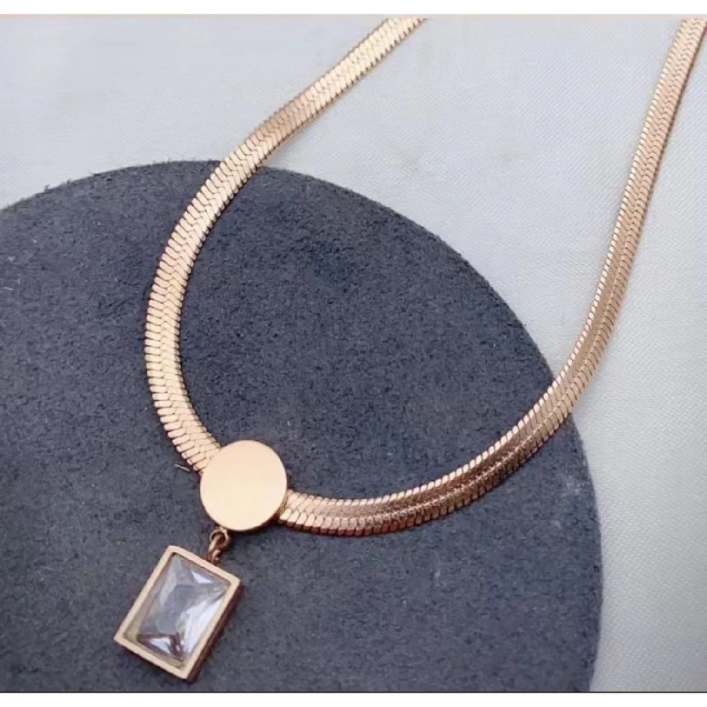 Women's Baguette Cubic Zirconia Necklace: 18K Rose Gold Stainless Steel Snake Chain
