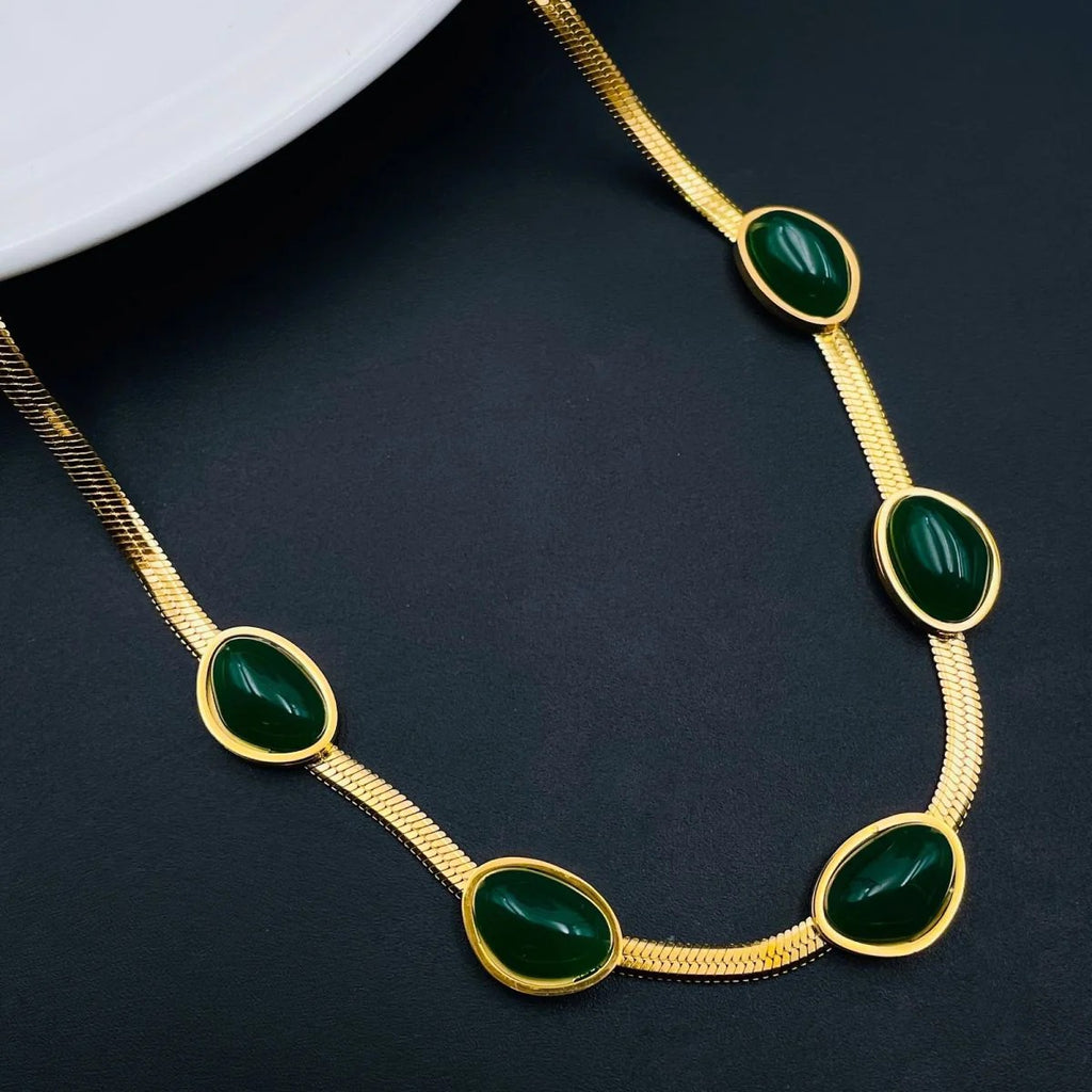 Women's Thick Chain Choker Necklace: Stainless Steel with Oval Green Zircon Charm