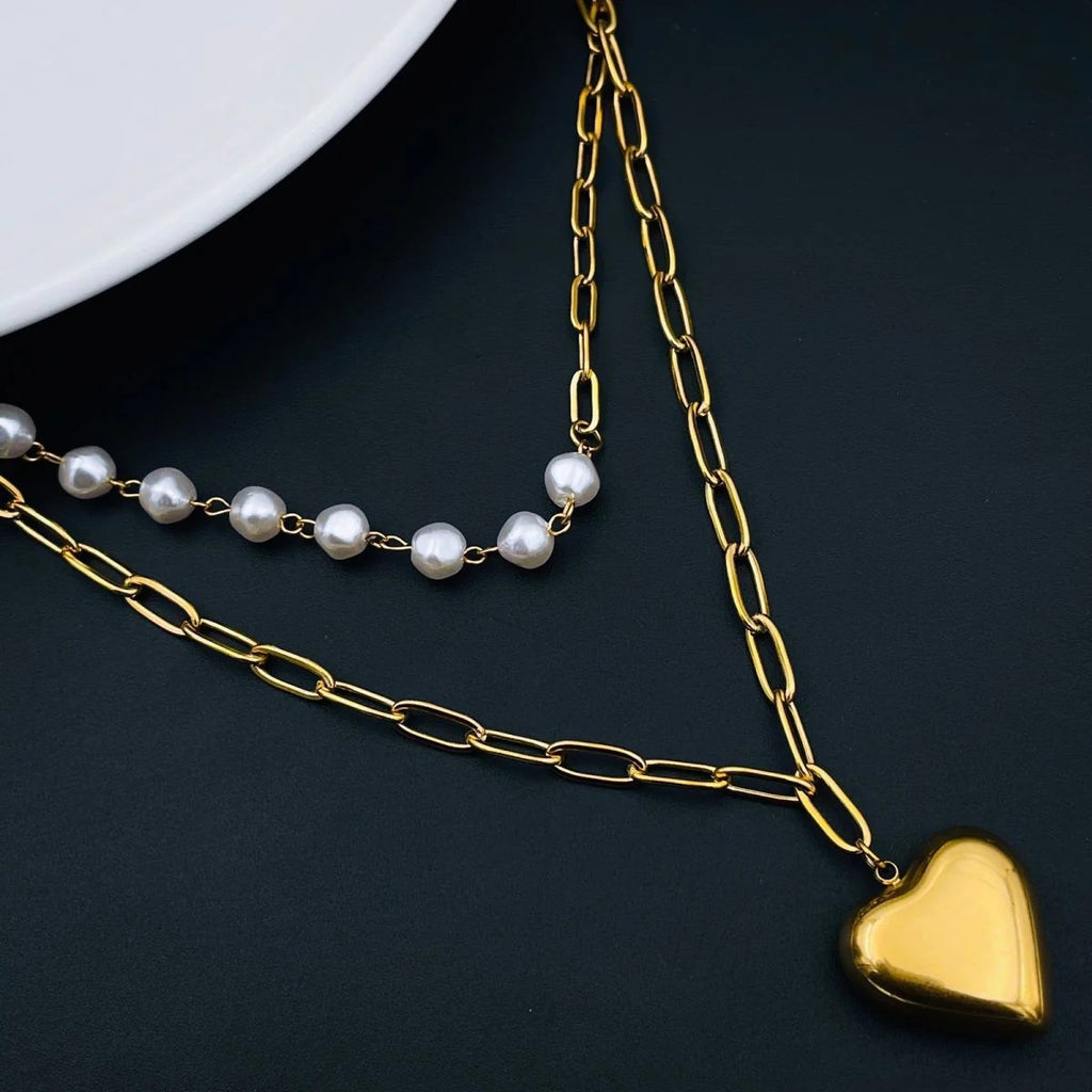 Dual Layer Pearl Paper Clip Links - Gold Stainless Steel Necklace Chain for Women