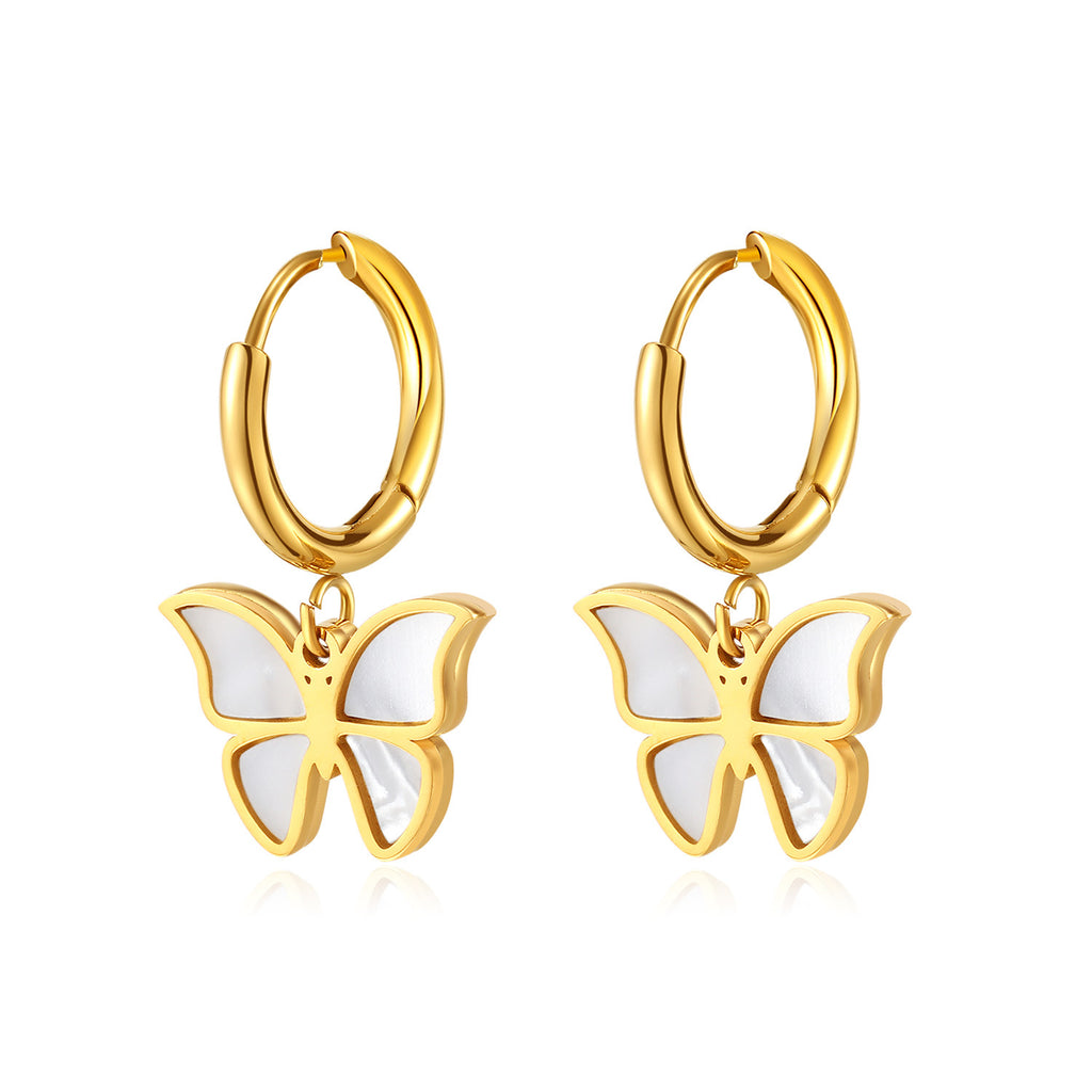 Butterfly Dangle  Stainless Steel Gold Plated White Shell Earrings For Women