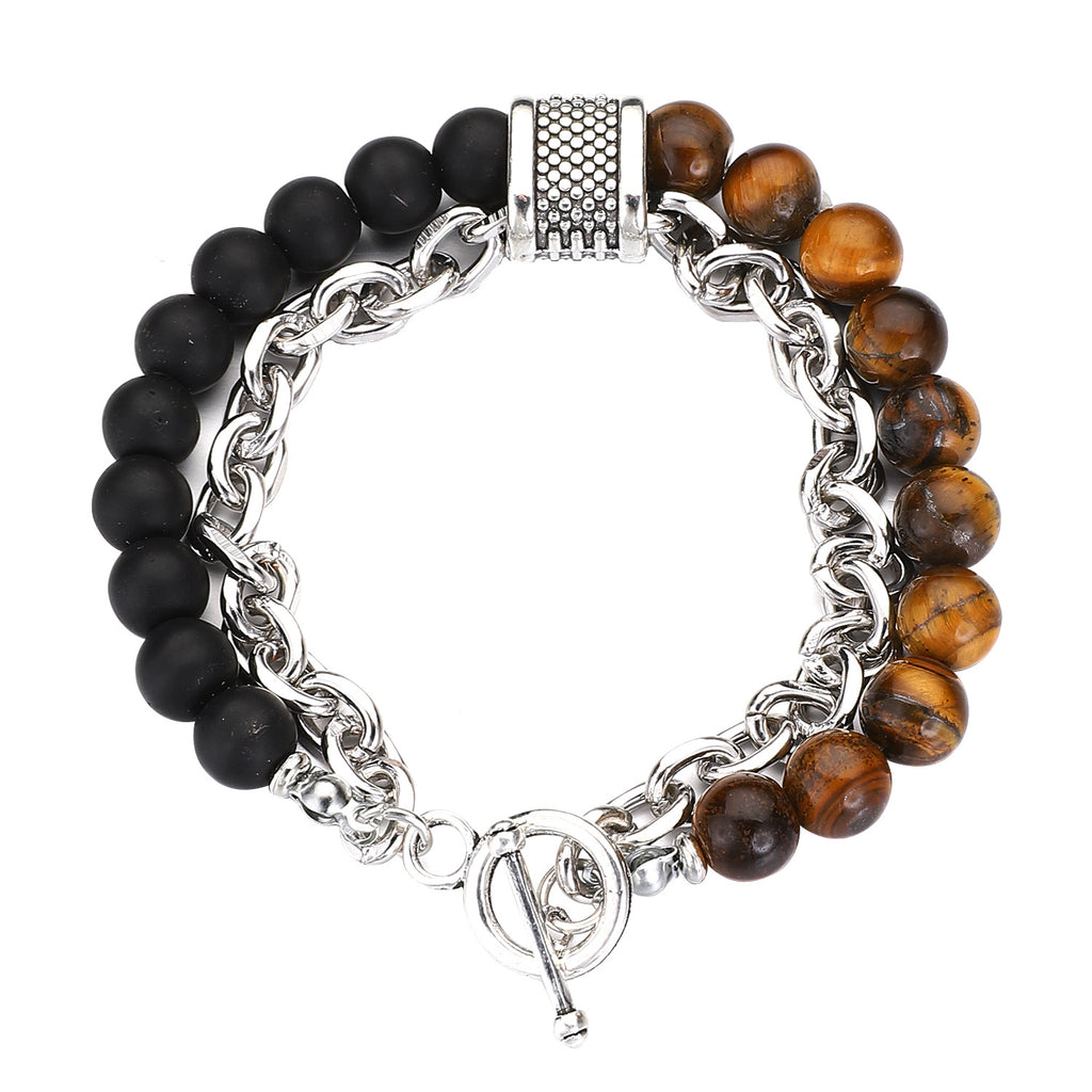 Men’s Tiger Eye Stone Beaded Bracelet – Natural Map Agate Beads with Stainless Steel Chain Link – Punk Style Male Jewelry