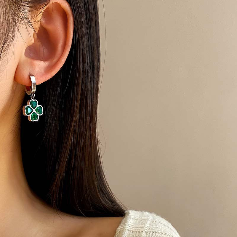 Unique Four-Leaf Green Clover Stainless Steel Charm Earrings For Women