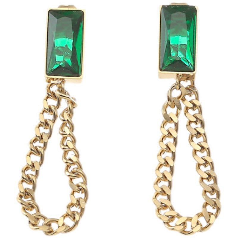 18K Gold Plated Stainless Steel Green Diamond Long Tassel Earrings