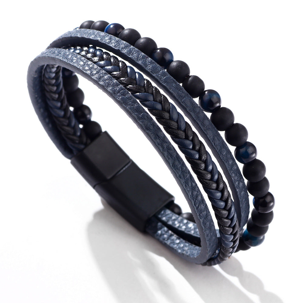 Men’s Classic Multi-Layer Leather Bracelet – Fashion Blue Eye Beaded Wristband – Stylish Handmade Leather Jewelry for Men