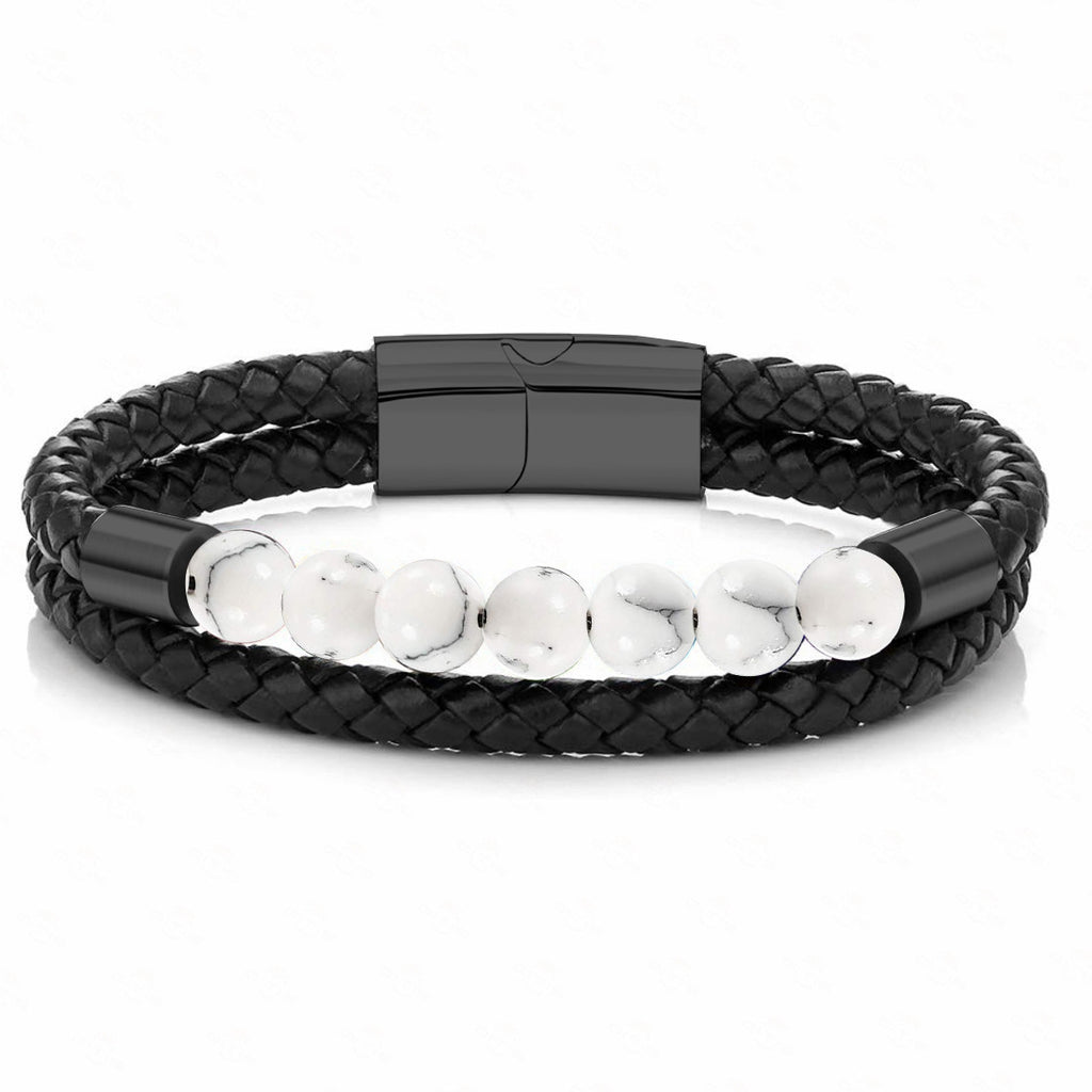 Men's Punk Style PU Leather Bracelet – Handmade 8mm Volcanic Stone Beads with Stainless Steel Magnetic Buckle