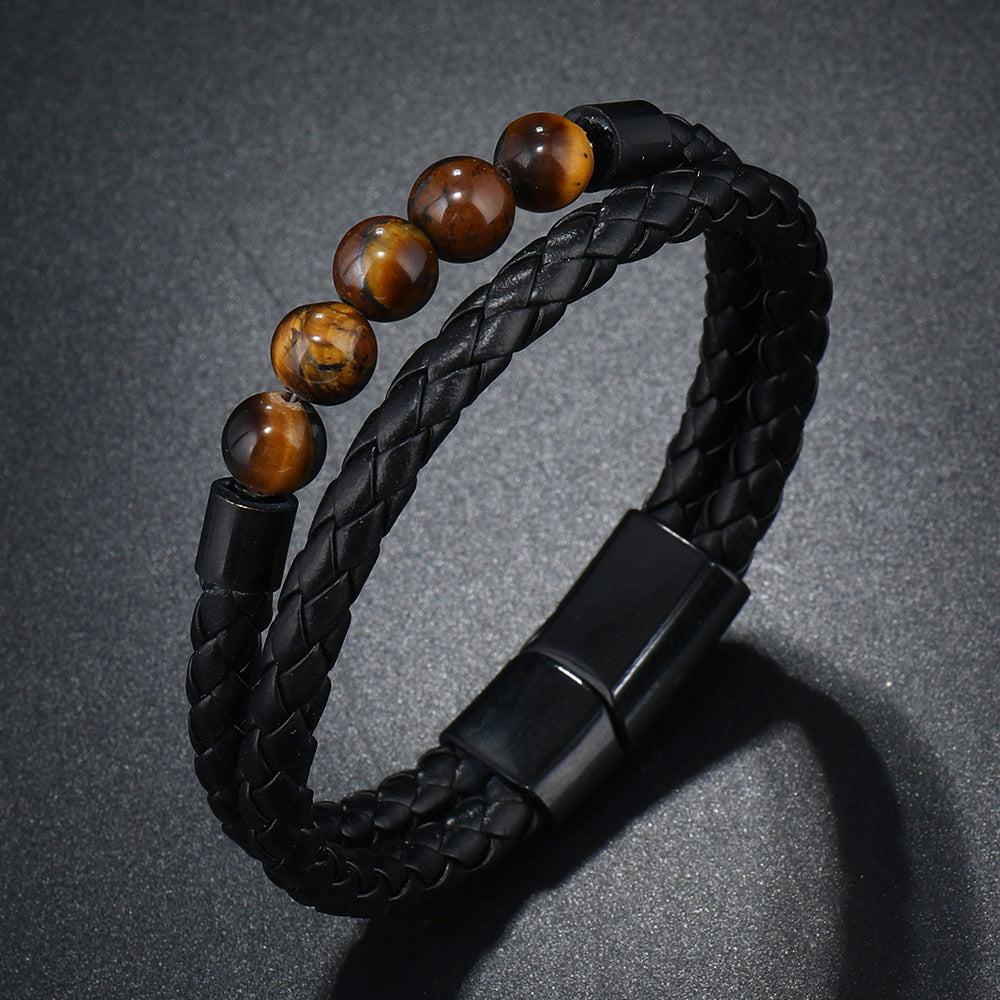 Retro Double-Layer Braided Bracelet – Natural Stone & PU Leather with Magnetic Buckle – Volcanic Stone & Tiger Eye Beaded Bracelet for Men & Women