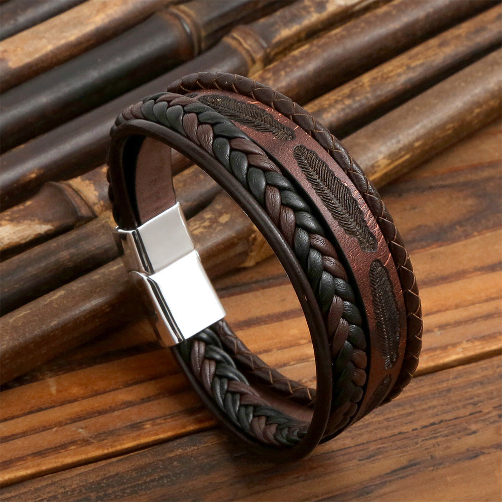 Classic Men’s Braided Leather Bracelet – Handwoven Multi-Layer Leather Wristband – Stylish Fashion Accessory for Men