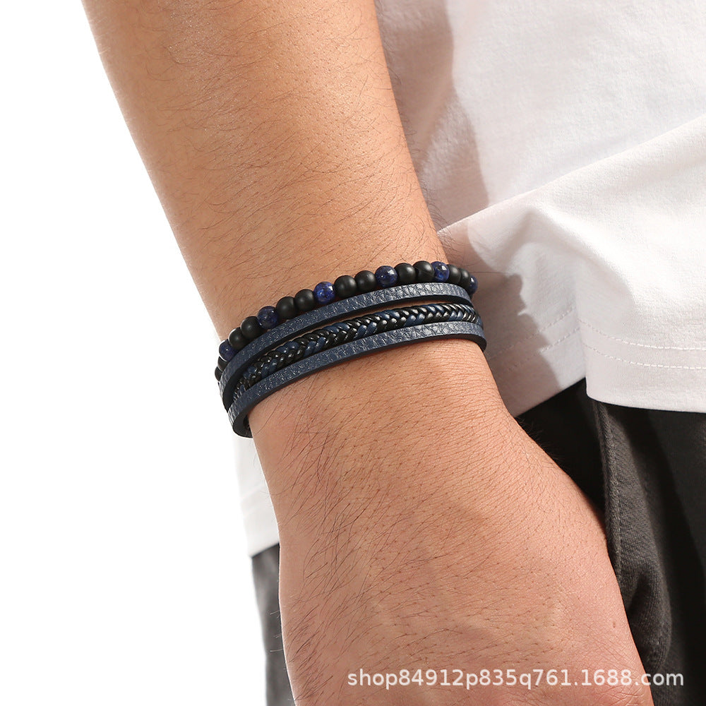 Men’s Classic Multi-Layer Leather Bracelet – Fashion Blue Eye Beaded Wristband – Stylish Handmade Leather Jewelry for Men