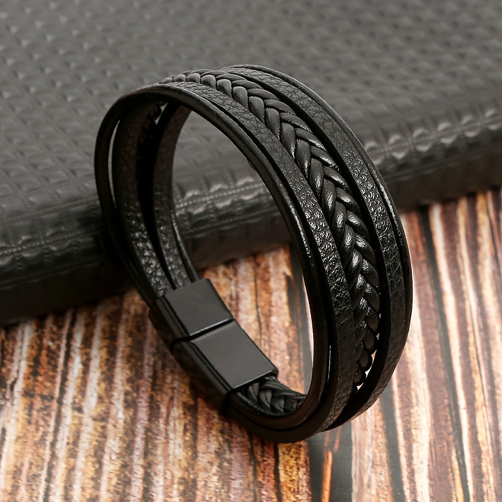 Trendy Men’s PU Leather Bracelet – Multi-Layer Black Leather Cuff Bangle – Stylish Charm Wristband for Men