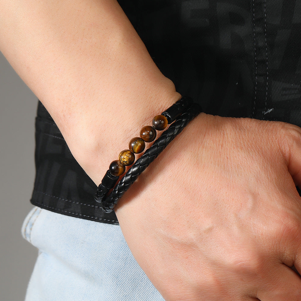 Retro Double-Layer Braided Bracelet – Natural Stone & PU Leather with Magnetic Buckle – Volcanic Stone & Tiger Eye Beaded Bracelet for Men & Women