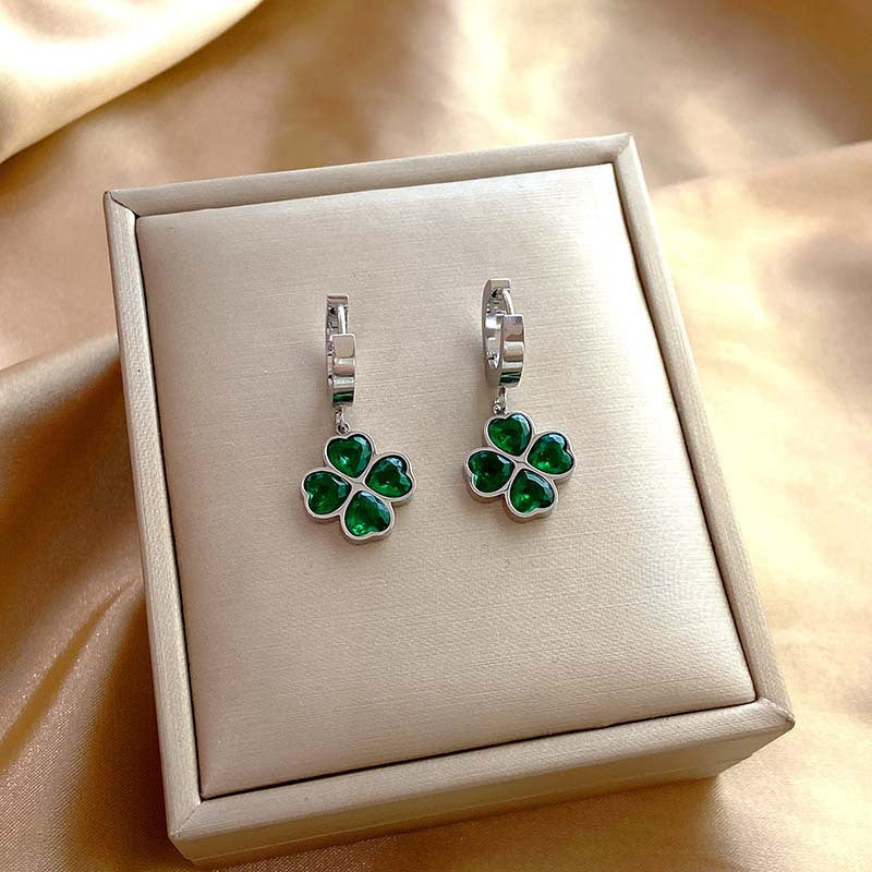 Unique Four-Leaf Green Clover Stainless Steel Charm Earrings For Women