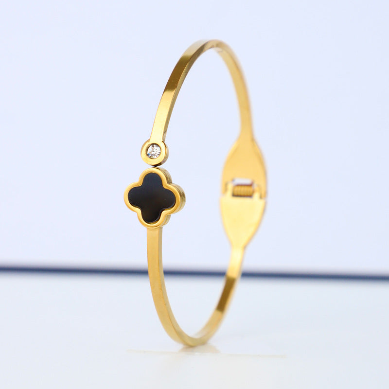 Four Leaf Lucky Clover Stainless steel Gold plated crystal cuff bangle bracelet for Women