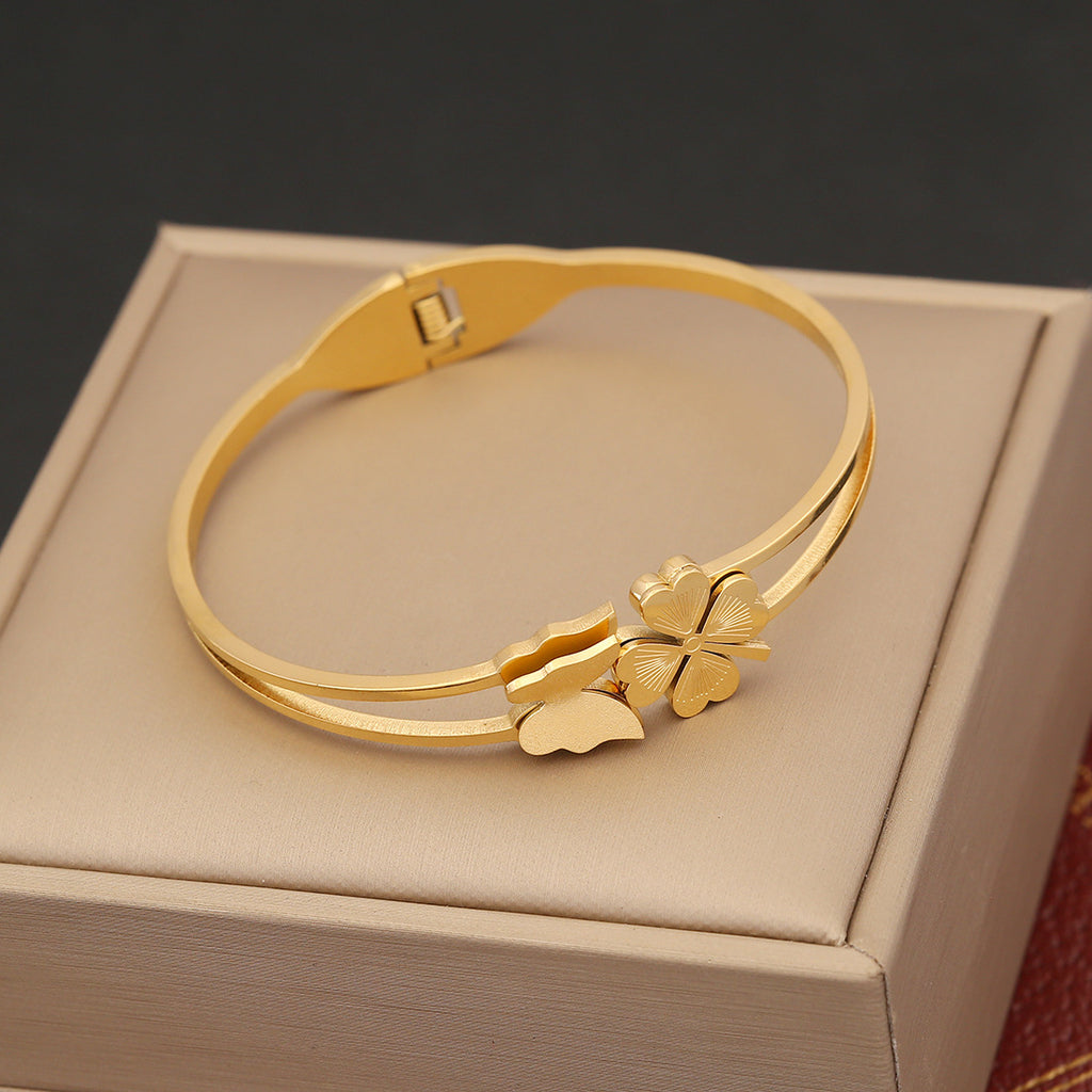 Butterfly Clover-leaves Gold Plated Stainless Steel Handcuff for Women