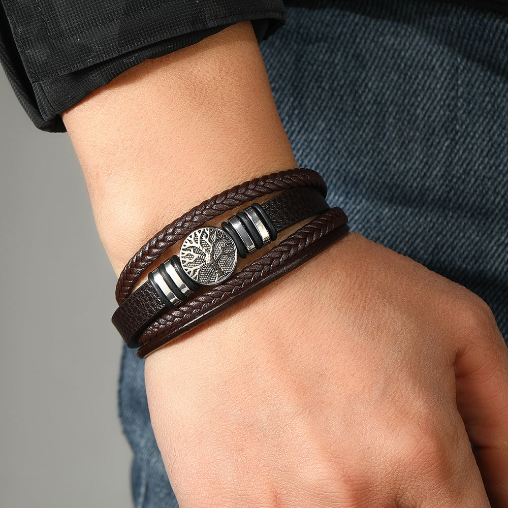 Men’s Woven PU Leather Bracelet – Multi-Layer Hand-Woven Brown Rope Bracelet with Zinc Alloy Tree Bangle – Punk Style for Men