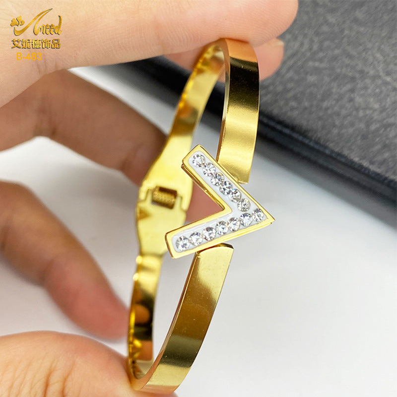 Stylish Letter V Shape Stainless Steel Crystal Bangle Bracelet For Women