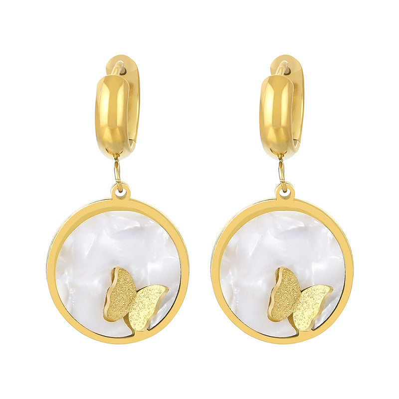 18K Gold Plated Stainless Steel White Shell with Butterfly Hoop Earrings