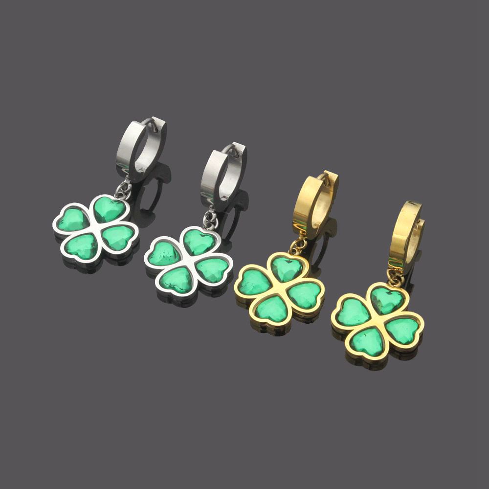 Unique Four-Leaf Green Clover Stainless Steel Charm Earrings For Women