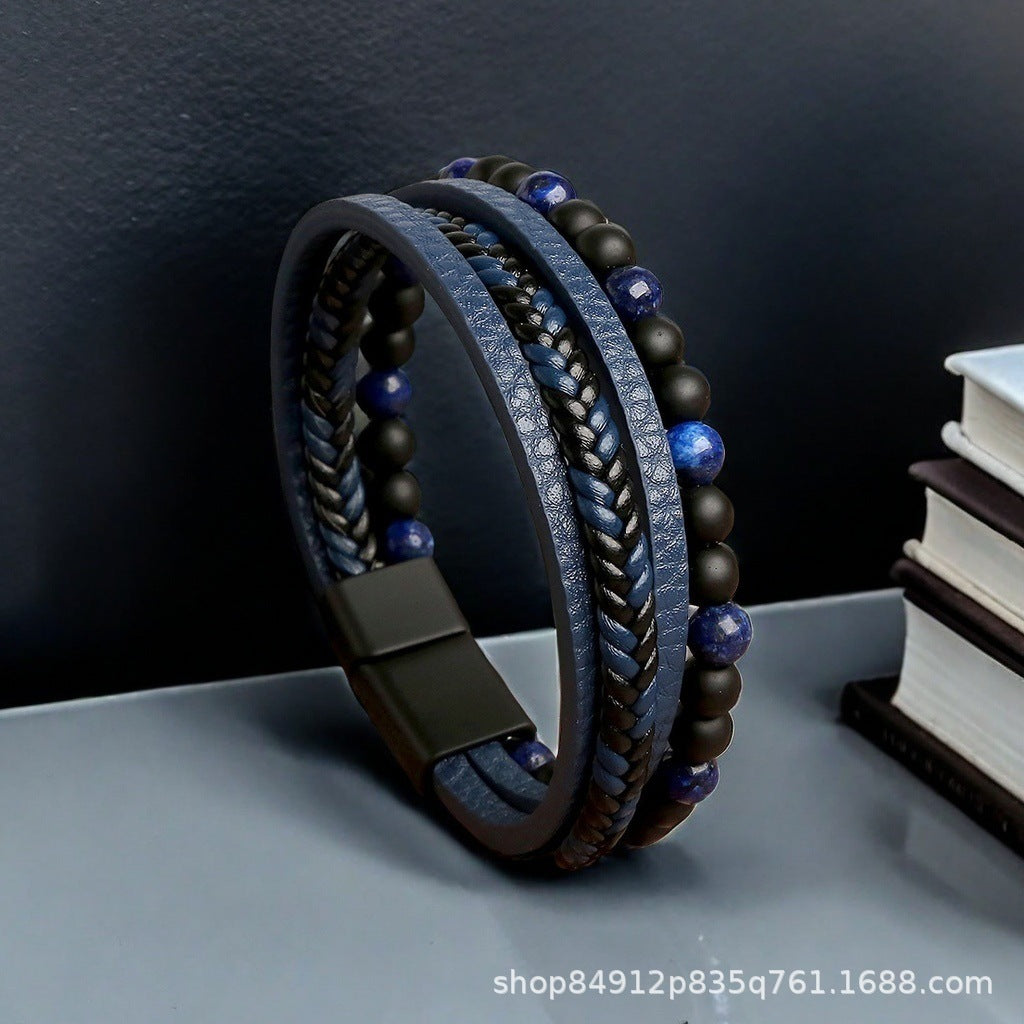 Men’s Classic Multi-Layer Leather Bracelet – Fashion Blue Eye Beaded Wristband – Stylish Handmade Leather Jewelry for Men