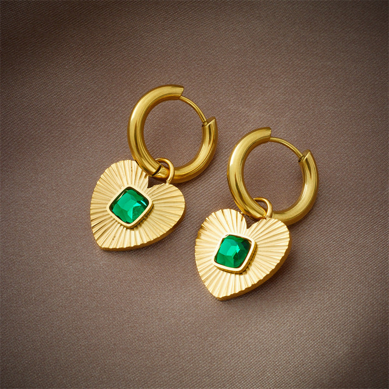 Vintage Stainless Steel Gold Plated Green Zircon Love Pendant Hoop Earrings