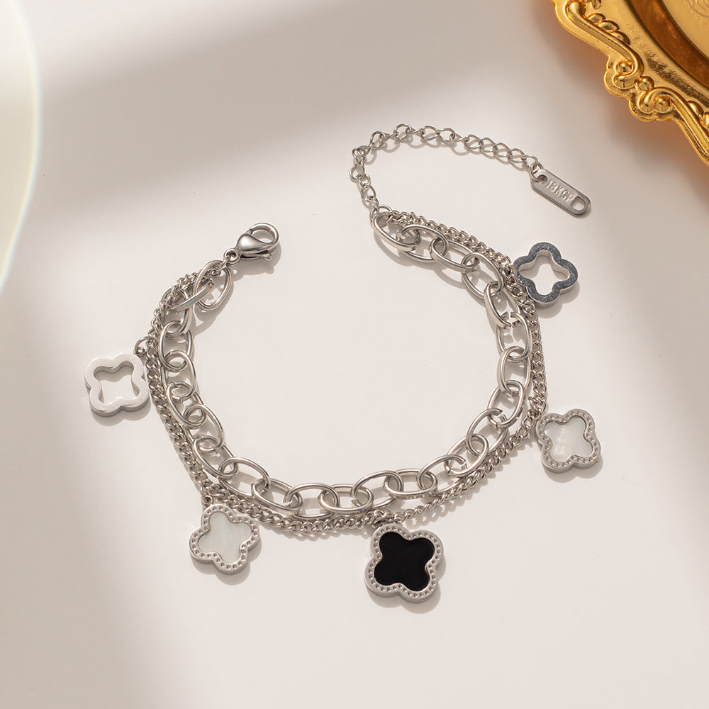 Stainless Steel Gold-Plated Mother of Pearl Clover Anti-Tarnish Bracelet for Women