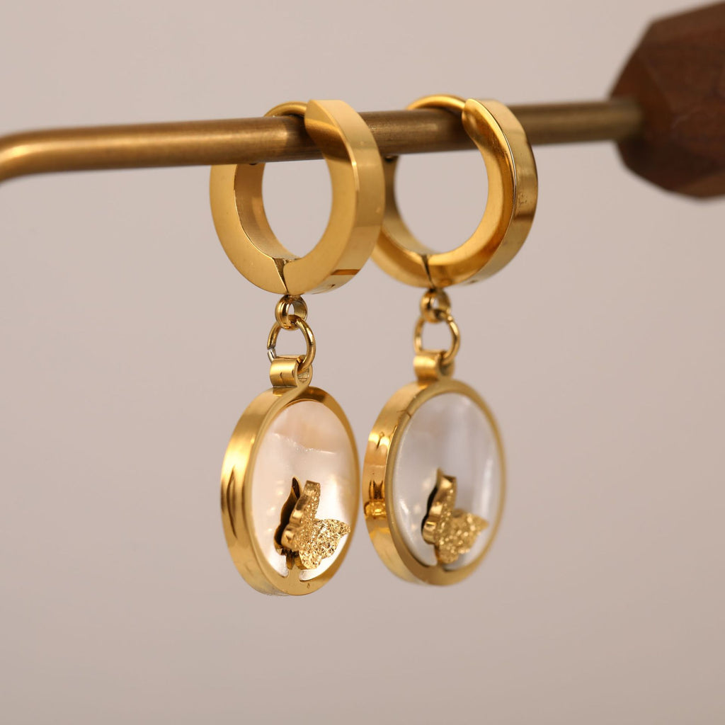 18K Gold Plated Stainless Steel White Shell with Butterfly Hoop Earrings