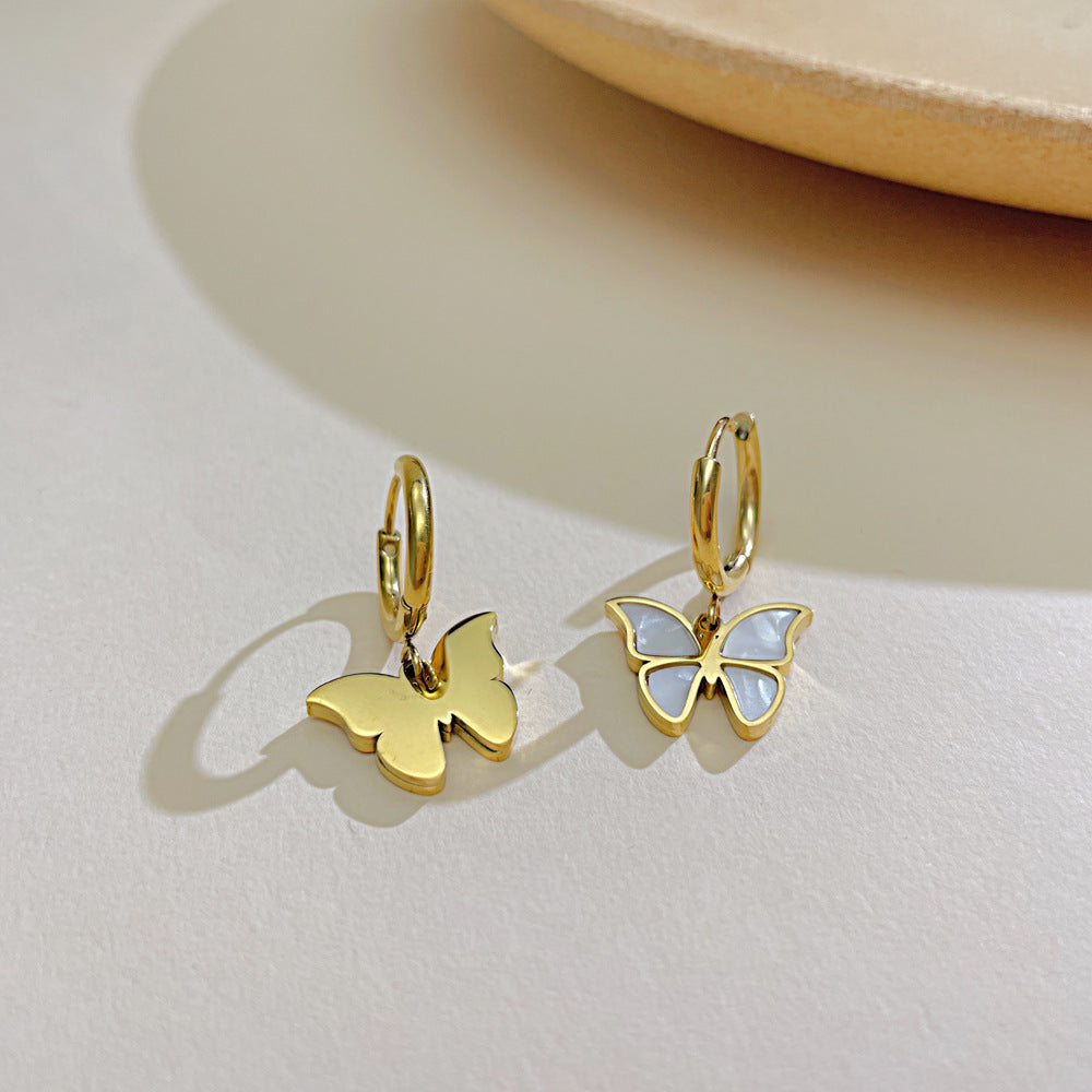 Butterfly Dangle  Stainless Steel Gold Plated White Shell Earrings For Women