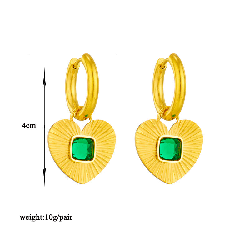 Vintage Stainless Steel Gold Plated Green Zircon Love Pendant Hoop Earrings