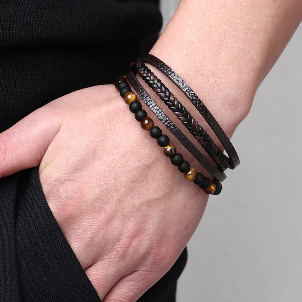 Men’s Tiger’s Eye Beaded Leather Bracelet – Four-Layer Braided Wristband with Magnetic Buckle – Stylish Male Jewelry