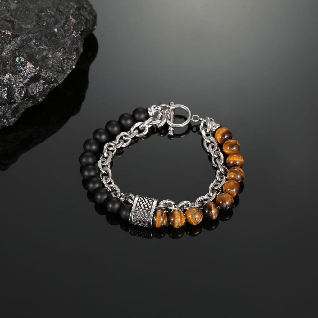 Men’s Tiger Eye Stone Beaded Bracelet – Natural Map Agate Beads with Stainless Steel Chain Link – Punk Style Male Jewelry