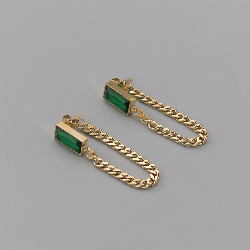 18K Gold Plated Stainless Steel Green Diamond Long Tassel Earrings