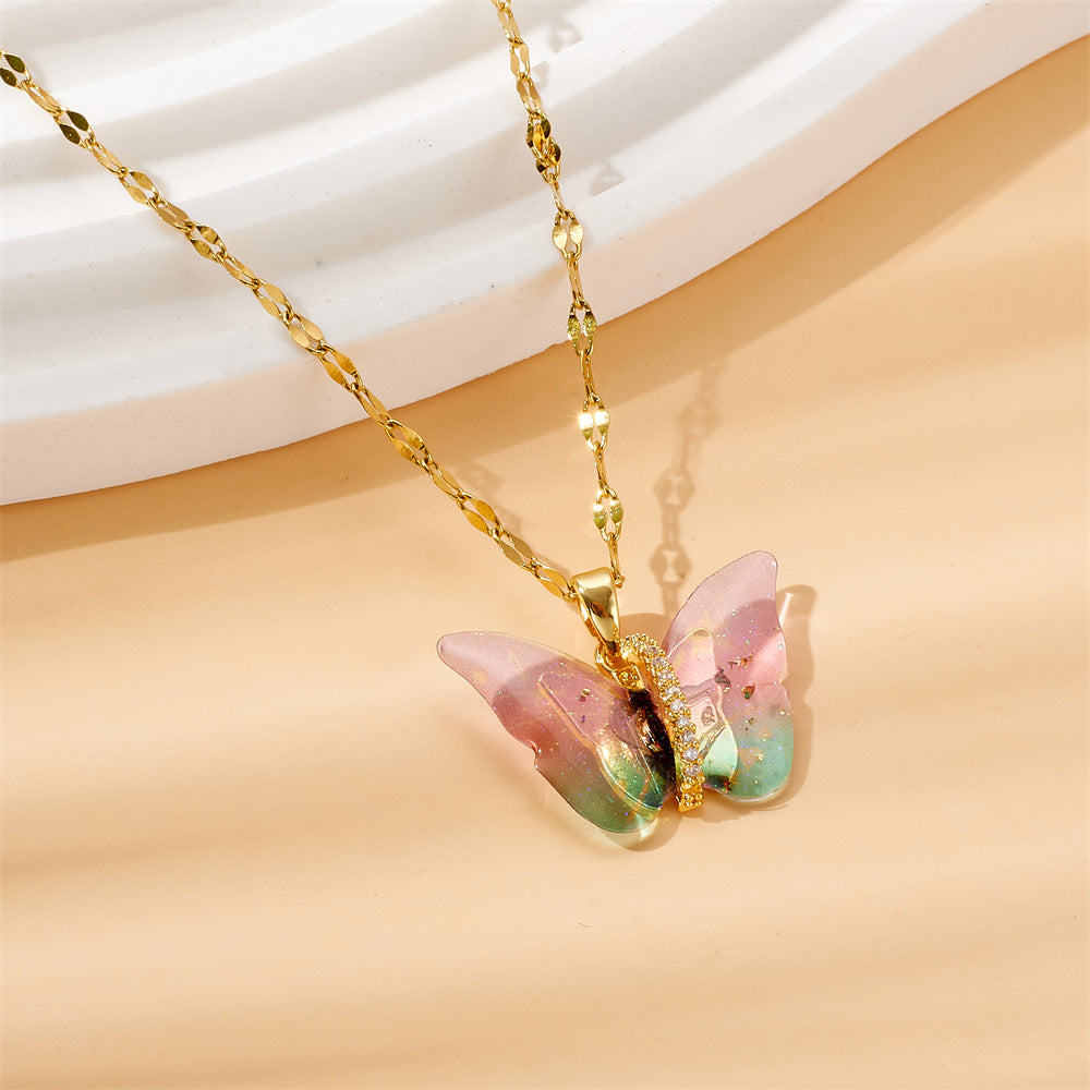 Gold Fantasy Butterfly Necklace for Women – Sweet Color Resin Diamond Clavicle Chain, Elegant Fashion Accessories