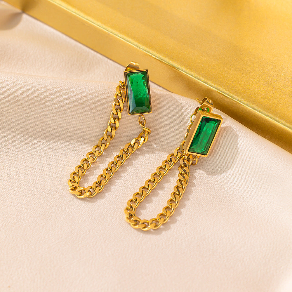 18K Gold Plated Stainless Steel Green Diamond Long Tassel Earrings